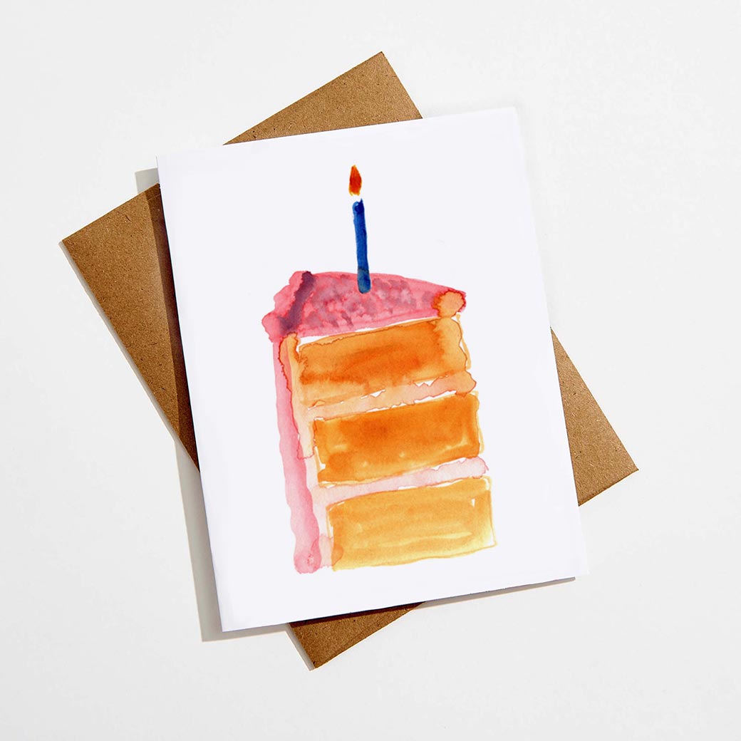 pink and orange water color birthday cake card with envelope