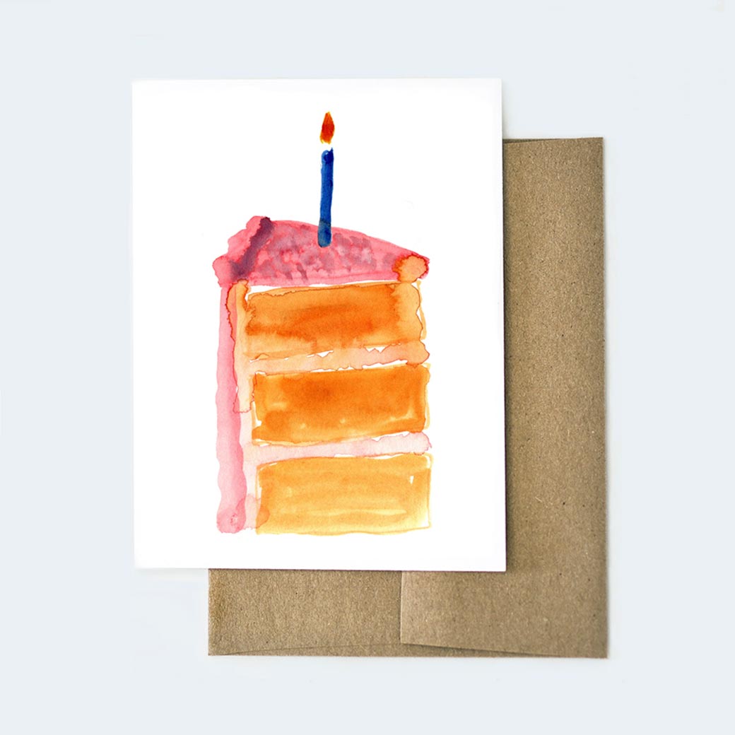 pink and orange water color birthday cake greeting card